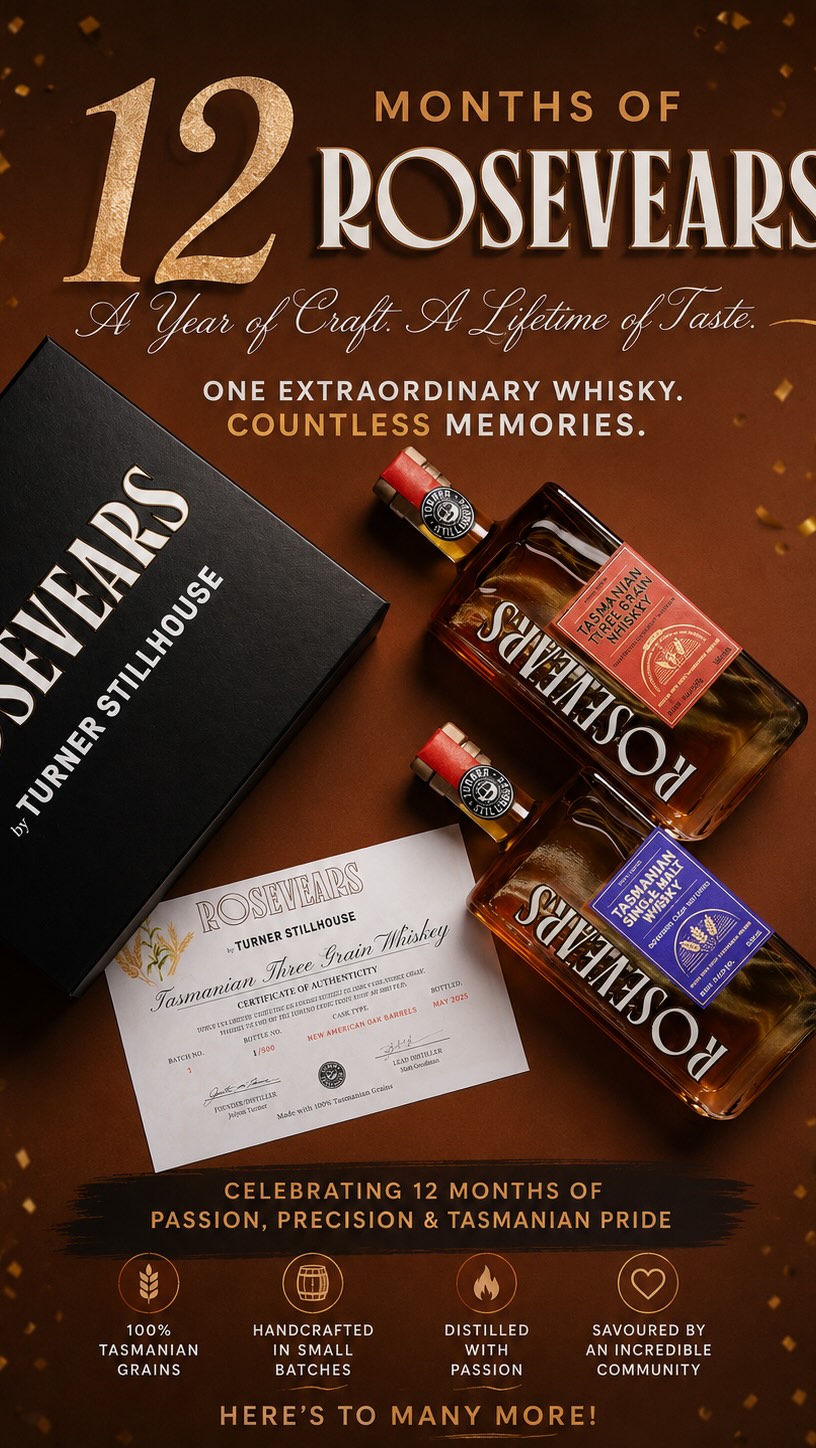 🥃 One year of Rosevears Whisky.
And we’re celebrating the best way we know how… by pouring something special.This World Whisky Day, Justin is talking through our limited birthday release offer — created to celebrate twelve bold months of grain-to-glass Tasmanian whisky from the Tamar Valley.
What you will receive:🥃 A Batch 1 Rosevears Whisky
🥃 Rosevears Glencairn Glass
🥃 Bonus 50ml Rosevears Whisky
🥃 Premium Gift BoxFrom our first Three Grain whiskey release to our Single Malts and Double Cask — every bottle has been shaped by pure Tasmanian water, locally grown grain, and a spirit of doing things differently.Visit the distillery for a Rosevears whisky flight overlooking the Tamar River, then take home your favourite bottle as part of the birthday celebration.Or explore the full offer via the special birthday page on our website.Whether you’ve been with us since Batch One or are only just discovering Rosevears Whisky… thank you for being part of the first chapter. 🖤#rosevearswhisky #worldwhiskyday #turnerstillhouse