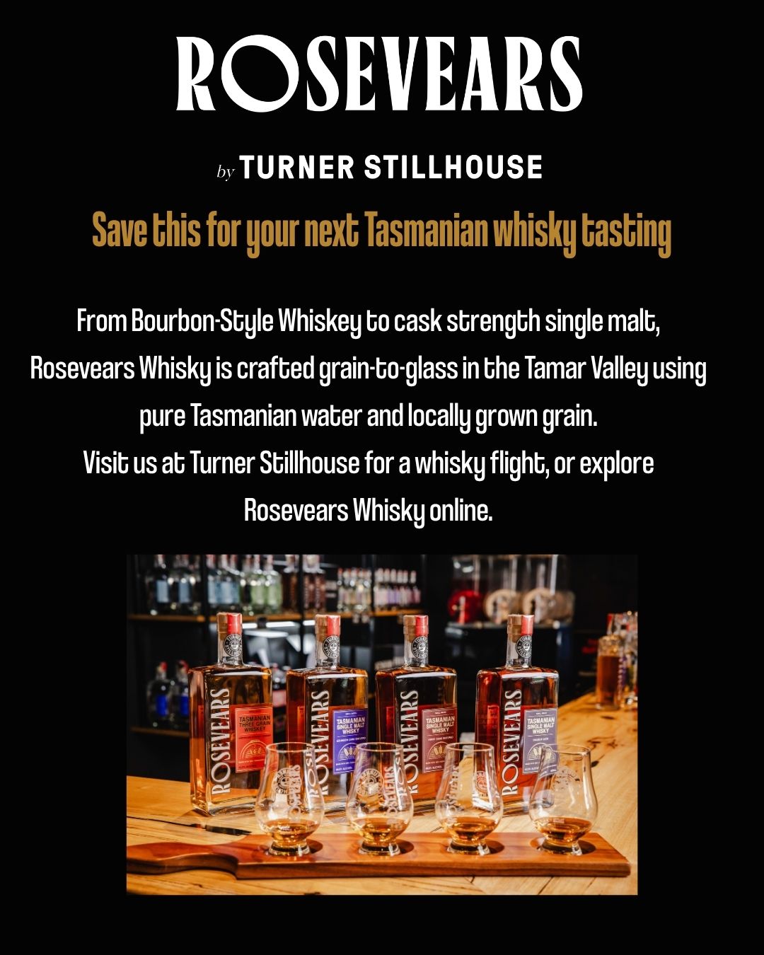 A whisky flight with a view over the Tamar River? That’s an easy yes.Join us at Turner Stillhouse in Rosevears for a guided tasting of our Rosevears Whisky range — crafted grain-to-glass onsite using pure Tasmanian water and locally grown grain.Your flight is a chance to explore the different sides of Tasmanian whisky. From our bold Three Grain Bourbon-Style Whiskey to our Single Malt Bourbon Cask, Single Malt Pinot Cask and powerful Double Cask Cask Strength.Each pour tells a different part of the Rosevears story: local grain, hands-on distilling, carefully chosen casks and the unmistakable character of Northern Tasmania.Come in, take a seat, and taste your way through the range.Save this for your next Tamar Valley day out.Book your tasting via the link in bio or visit us at the distillery.